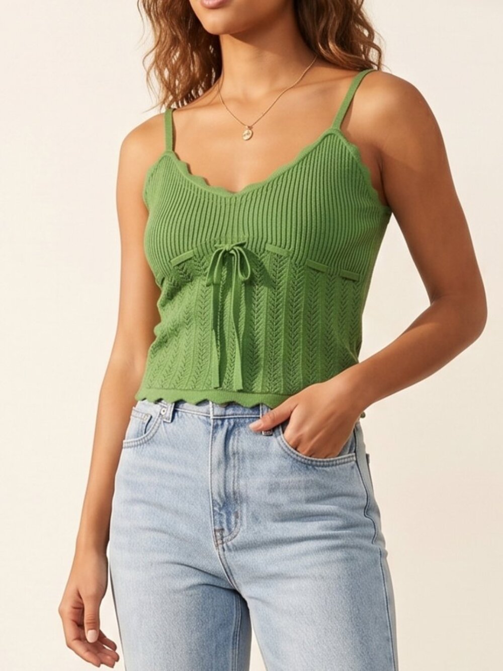 NWOT | Green Ribbed Knit Scallop Edge Tie Front Cropped Cami Tank Top | Large